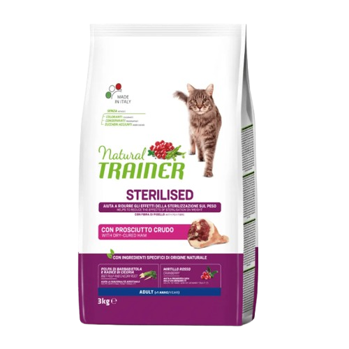 Natural Trainer Cat Sterilizzato Prosciutto Crudo 1,5kg + Bustina Umido Trainer Omaggio